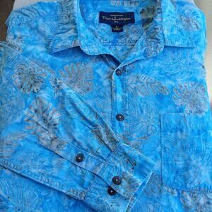 Pete Huntington Handcrafted Bali Batik Shirt L long sleeve blue ferns button-up